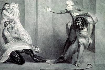 Tiriel, borne back to the Palace on the Shoulders of his Brother Ijim, addressing his five Daughters by William Blake - print