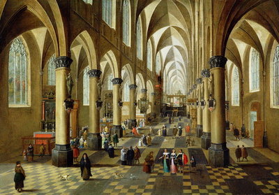 Figures gathered in a Church Interior, 17th century by Pieter the Younger Neeffs - print