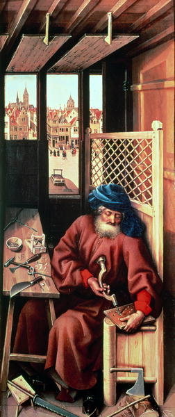 St. Joseph Portrayed as a Medieval Carpenter from the Merode Altarpiece c.1425 (oil on panel) by Master of Flemalle - print