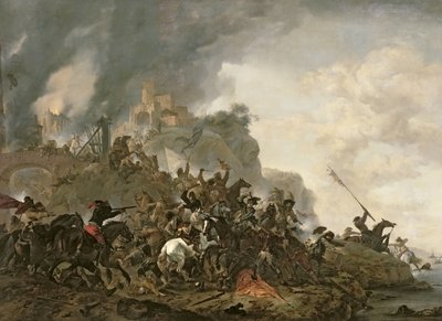 Cavalry Making a Sortie from a Fort on a Hill, 1646 (oil on canvas) by Philips Wouwermans or Wouwerman - print