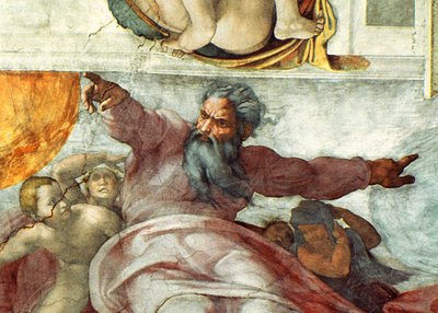 Sistine Chapel Ceiling: Creation of the Sun and Moon, 1508-12 (fresco) (detail of 183097) by Michelangelo Buonarroti - print