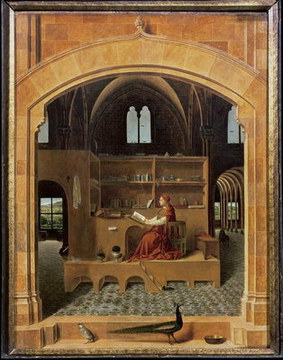 St. Jerome in his study, c.1475 (oil on panel) (see 259352 for detail) by Antonello da Messina - print