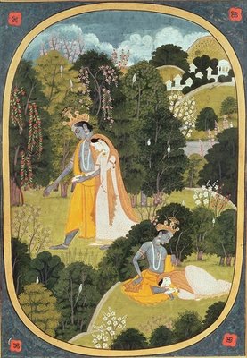 Radha and Krishna walking in a grove, Kangra, Himachal Pradesh, 1820-25 (gouache on paper) by Pahari School - print
