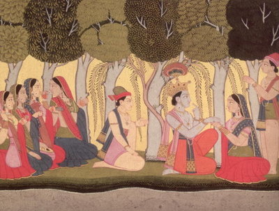 Radha and Krishna seated in a grove, Kulu, 1790-1800 (gouache on paper) by Pahari School - print
