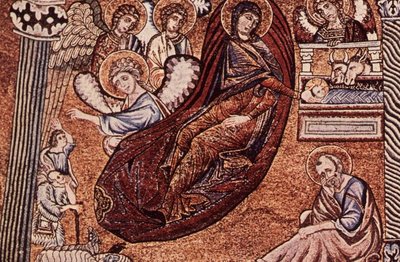 Reproduction of the mosaic of the Nativity in the Baptistery, Florence (colour litho) by Italian School - print