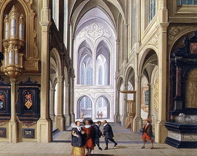 Elegant Figures in a Gothic Church, 17th century 99;interior; ecclesiatical; architecture; architectural; by Dirck van Deelen - print