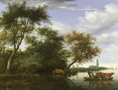 Wooded river landscape with figures and cattle on a ferryboat by Salomon van Ruisdael or Ruysdael - print