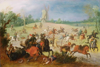 A cavalry battle in a wooded valley before a windmill by Sebastian Vrancx - print