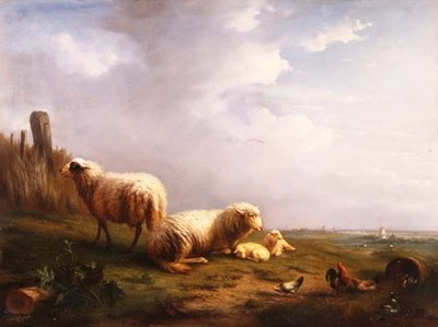 Sheep and chickens in a landscape, 19th century by Eugene Joseph Verboeckhoven - print