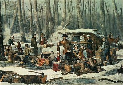 American Forest Scene - Maple Sugaring, 1856 (colour litho) by N. Currier - print