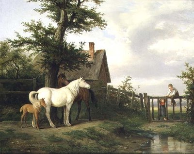 Children and Horses by a Stream, 19th century by Pierre Vernet - print