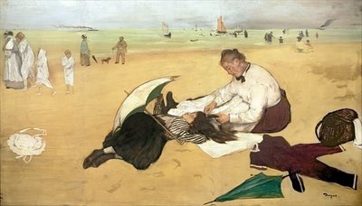 Beach scene: little girl having her hair combed by her nanny, c.1876-77 (oil on paper) by Edgar Degas - print