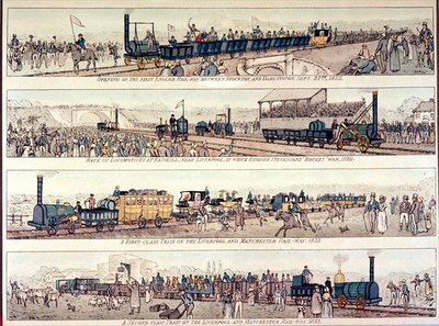 The opening of the Stockton and Darlington railroad, 1825; Locomotive race at Rainhill, near Liverpool, won by George Stephenson's 'Rocket', 1829; a first class train on the Liverpool and Manchester Railway, 1833; a second class train on the Liverpool and Manchester Railway, 1833 (colour litho) by English School - print