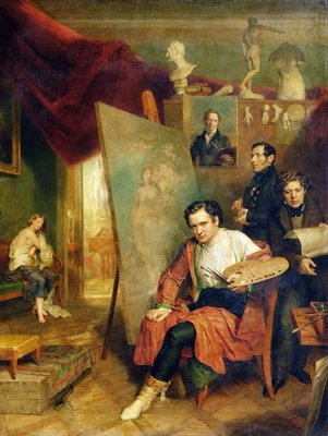 In the studio of the painter, 1832 (oil on canvas) by Wilhelm August Golicke - print