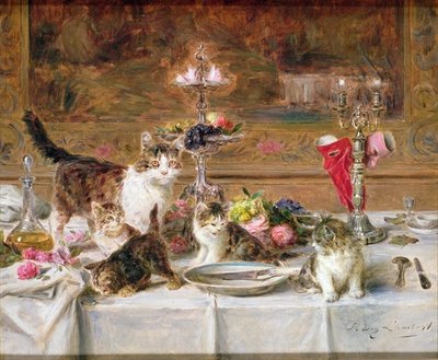 Kittens at a banquet, 19th century by Louis Eugene Lambert - print