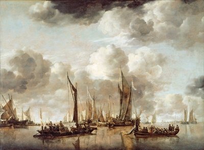 A Dutch Yacht Firing a Salute as a Barge Pulls Away, 1650 (oil on panel) by Jan van de Capelle or Cappelle - print