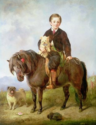 John Samuel Bradford as a boy seated on a shetland pony with a pug dog, 19th century by Gourlay Steel - print