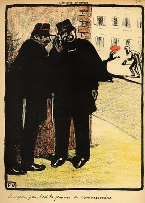 Fine Art Print of Two policemen hide from the Commissioner's wife, from 'Crimes and Punishments', special edition of 'L'Assiette au Beurre', 1st March 1902 by Felix Edouard Vallotton