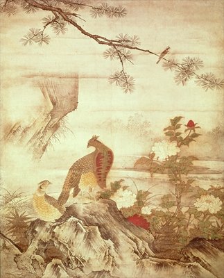 Pheasants and peonies, from a series of scrolls representing Birds and Flowers of the Four Seasons, Muromachi Period (ink &amp; wash on paper) by Kano Motonobu - print