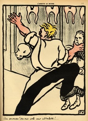 Fine Art Print of A butcher seizes a woman by the neck and calls for help, from 'Crimes and Punishments', special edition of 'L'Assiette au Beurre', 1st March 1902 by Felix Edouard Vallotton