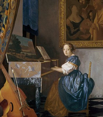 A Young Lady Seated at a Virginal, c.1670 (oil on canvas) by Jan Vermeer - print