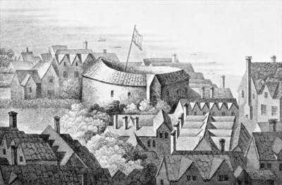 The First Globe Theatre or Rose Theatre (etching) by English School - print