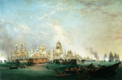 Surrender of the 'Santissima Trinidad to Neptune, The Battle of Trafalgar, 3pm, 21st October 1805 (oil on canvas) by Lieutenant Robert Strickland Thomas - print