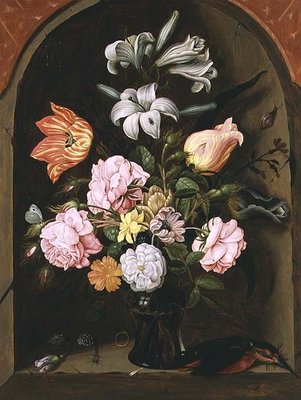 A Still Life of Flowers in a Vase and a Kingfisher on a Ledge by Jan Baptist van Fornenburgh - print