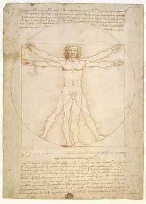 The Proportions of the human figure (after Vitruvius), c.1492 (pen &amp; ink on paper) by Leonardo da Vinci - print