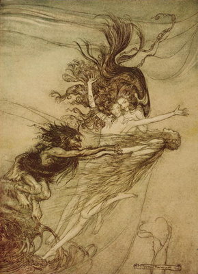 Fine Art Print of "The Rhinemaidens teasing Alberich" from 'The Rhinegold and The Valkyrie' by Richard Wagner, 1910 by Arthur Rackham