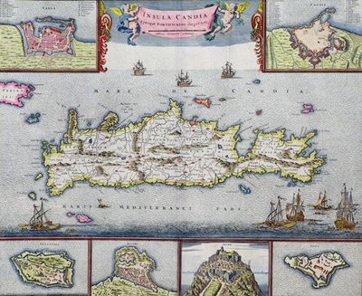 Map of the Island of Candia (Crete) with the sea port of Herakleion, c.1680 (coloured engraving) by Frederick de Wit - print