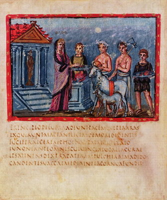 Lat 3225 f.33v Dido making a sacrifice, from The Vergilius Vaticanus (vellum) by Roman - print