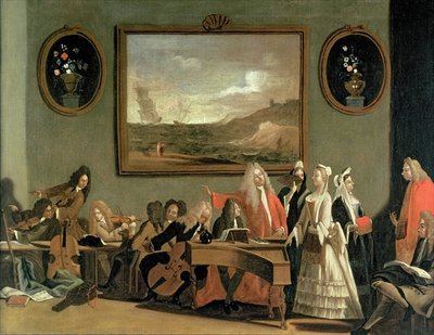 Rehearsal of an Opera, said to be Pyrrhus and Demetrius, held in the practice room at Haymarket Theatre, 1709 by Marco Ricci - print