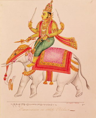 Indra, God of Storms, riding on an elephant, 1820-25 (gouache on paper) by Indian School - print