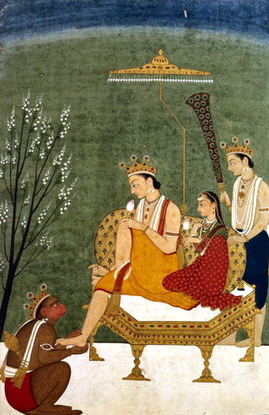 Seventh Incarnation of Vishnu as Rama-Chandra: Rama and Sita Reunited (paint on paper) by Indian School - print