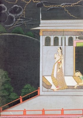 Lady waiting for her lover, from the 'Vasakasayya Nayika', one of the heroines of Hindu Rhetoric, Punjab Hills, c.1760 (gouache on paper) by Indian School - print