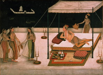 A Mughal prince receiving a lady at night, c.1680-90, Mughal by Anonymous - print