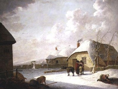 Figures Outside a Cottage in the Snow by Hendrik Willem Schweickardt - print