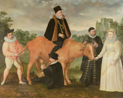 Portrait of Philip II (mounted on a cow), the Duke of Alencon, the Duke of Alba, William of Orange and Queen Elizabeth I by Philip Moro - print