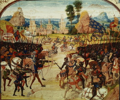 Fr 2643 f.207 Battle of Poitiers, 1356, from Froissart's Chronicle (vellum) by French School - print