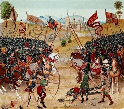 Fr 2643 f.312v Battle of Najera, 1367, from Froissart's Chronicle (vellum) by French School - print