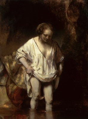Woman Bathing in a Stream, 1654 (oil on panel) by Rembrandt Harmensz. van Rijn - print