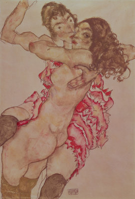 Two Women Embracing, 1915 (pencil, w/c &amp; gouache on paper) by Egon Schiele - print