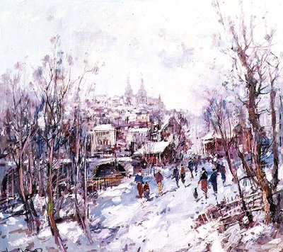 Winter Scene in a French Cathedral Town by Heinrich Hansen - print