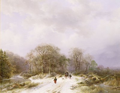 On the Way to Market, 19th century 99;landscape; winter; snow; snowy; countryside; tree; road; figure; horse; carriage; coach; rural; by Barend Cornelis Koekkoek - print