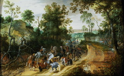 A Cavalry Column Ambushed on a Woodland path (oil on panel) by Sebastian Vrancx - print