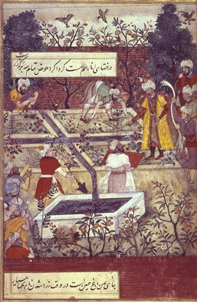Emperor Babur and his architect plan the Bagh-i-Wafa near Jalalabad, from the 'Baburnama' (the 'Memoirs of Babur'), Mughal, 1589-90, (illustrated text) by Pahari School - print