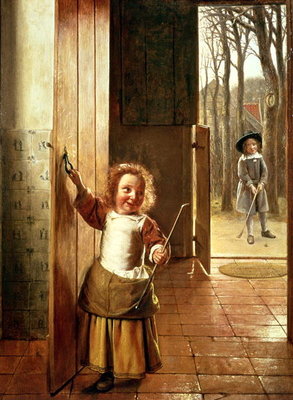 Children in a Doorway with 'Colf' Sticks, c.1658-60 (oil on panel) by Pieter de Hooch - print