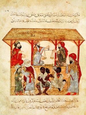 Ms. Ar 5847 f.105 A Slave Market, from 'Al Maqamat' (The Meetings) by Al-Hariri (vellum) by Persian School - print