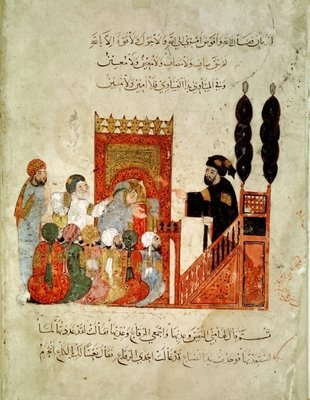 Ms Ar 5847 f.18v Abou Zayd preaching in the Mosque, from 'Al Maqamat' (The Meetings) by Al-Hariri (vellum) by Persian School - print